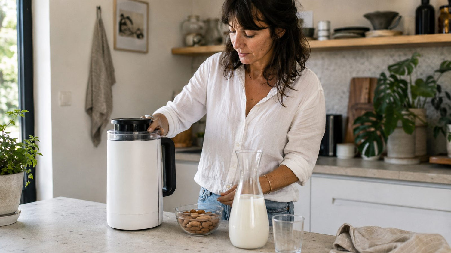Une femme prépare un lait végétal maison avec une machine