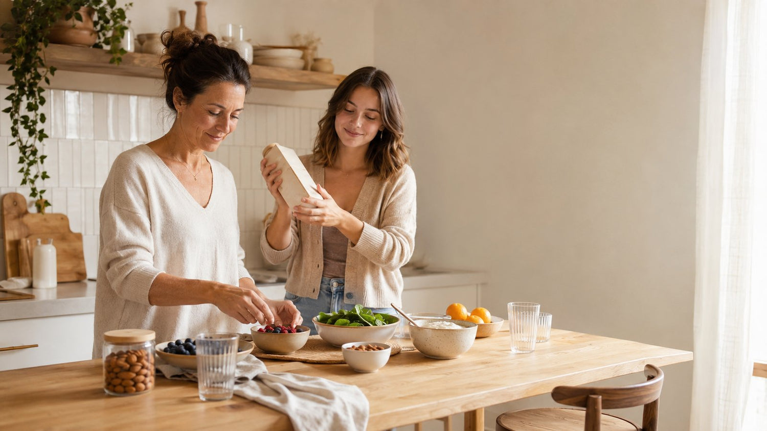 Deux femmes choisissent une boisson végétale riche en calcium