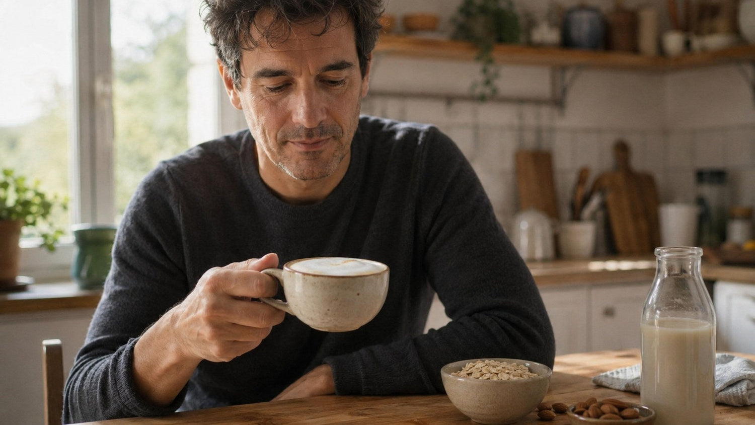 Un homme déguste un café préparé avec du lait végétal mousseux