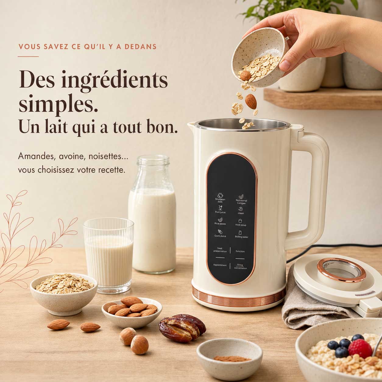 une main qui verse des ingrédients dans la Machine à lait végétal - DouceLait