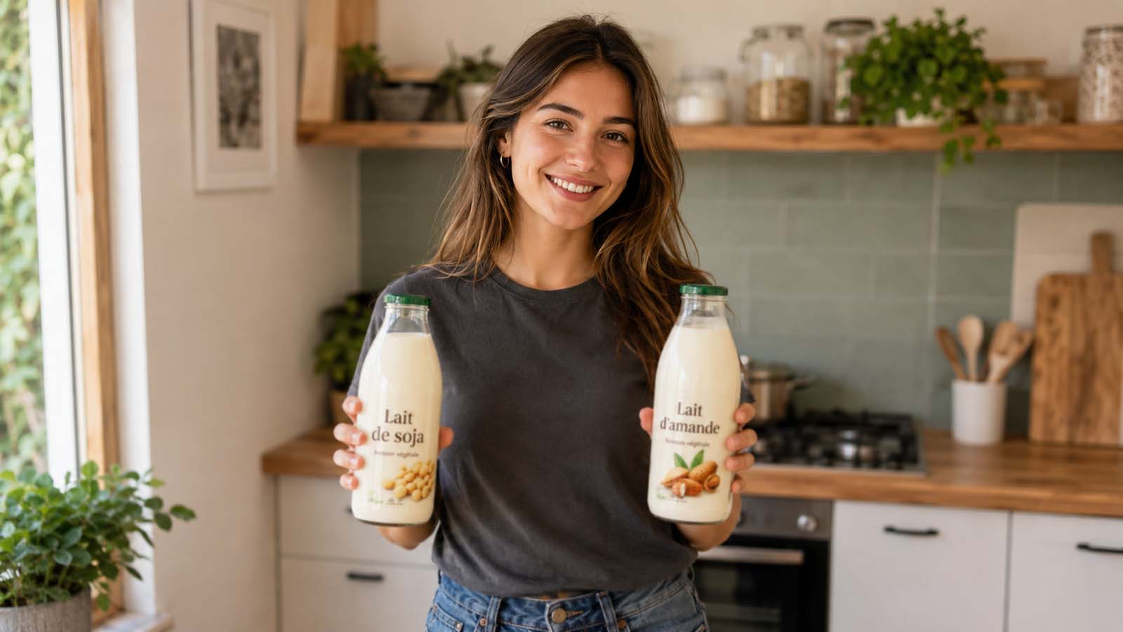 Une femme tien en main deux bouteilles de lait végétal