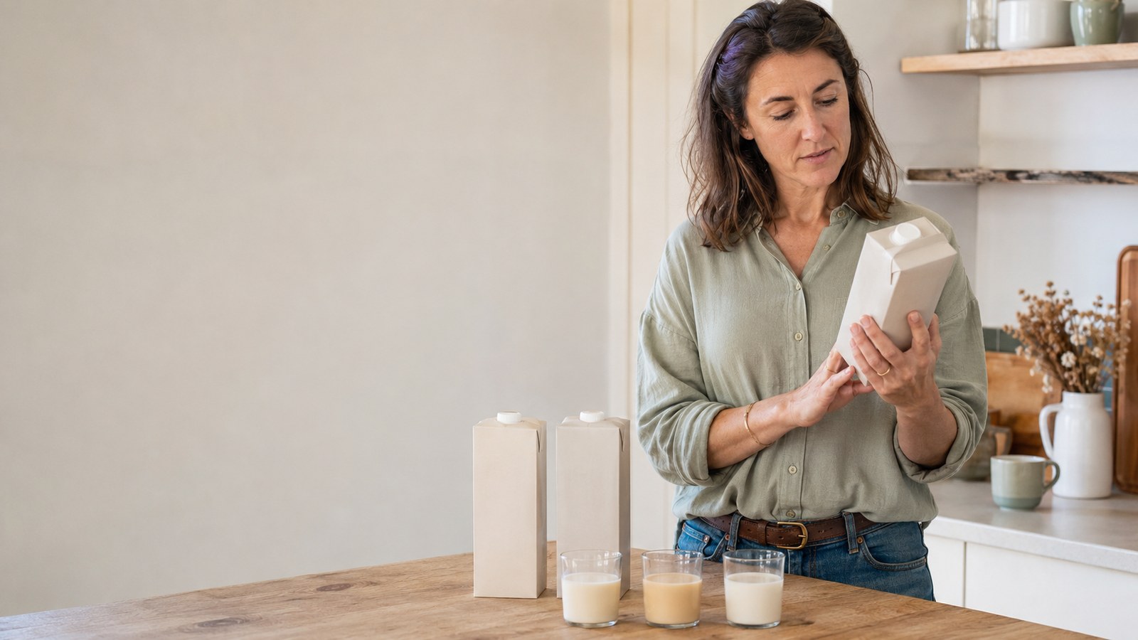 Une femme lit l’étiquette pour choisir un lait végétal moins sucré