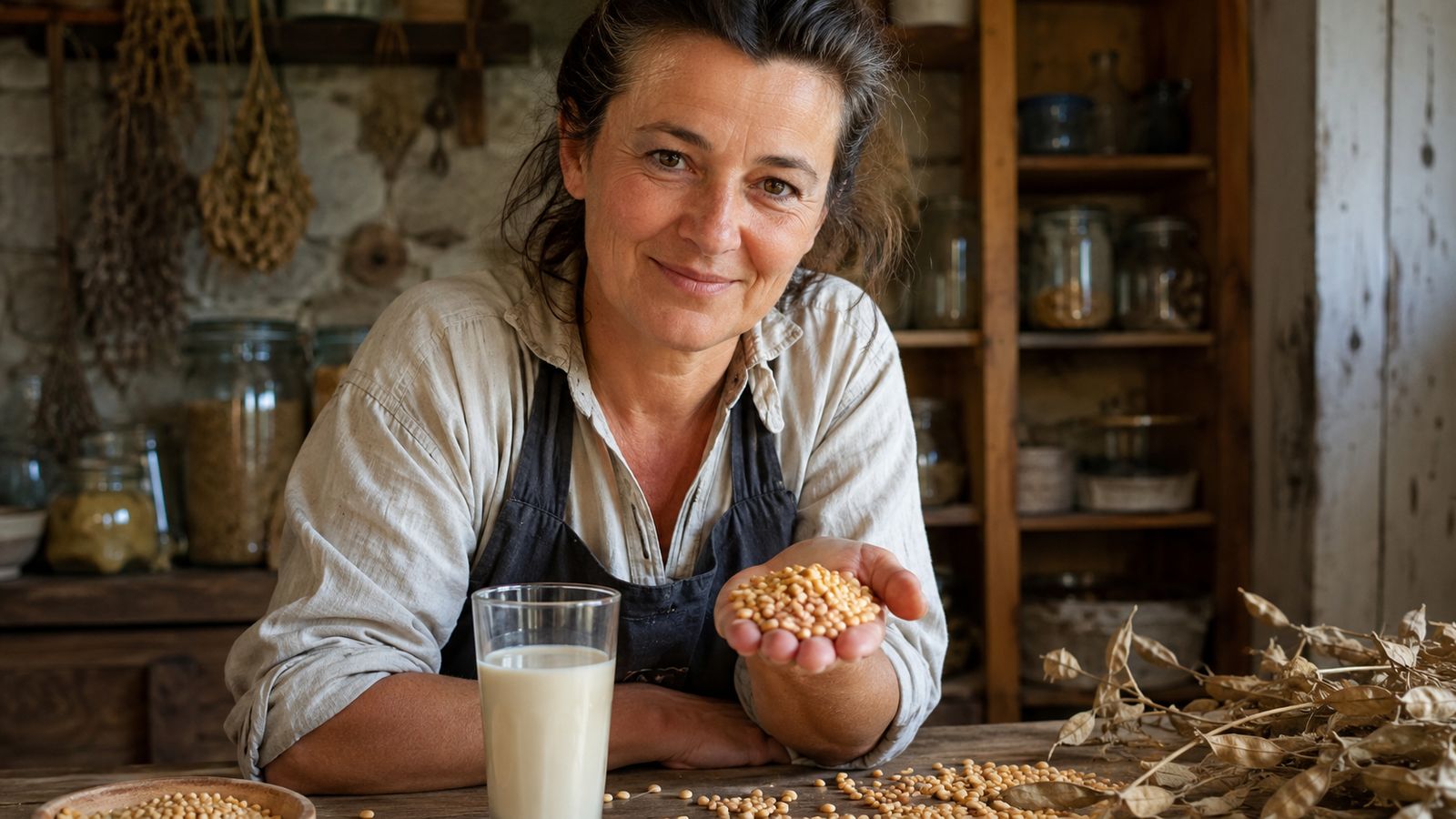 Des graines de soja présentées avec un verre de lait végétal protéiné