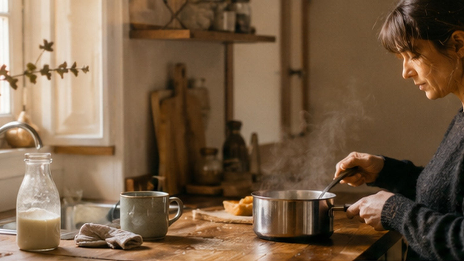 Une femme chauffe doucement du lait végétal dans une casserole