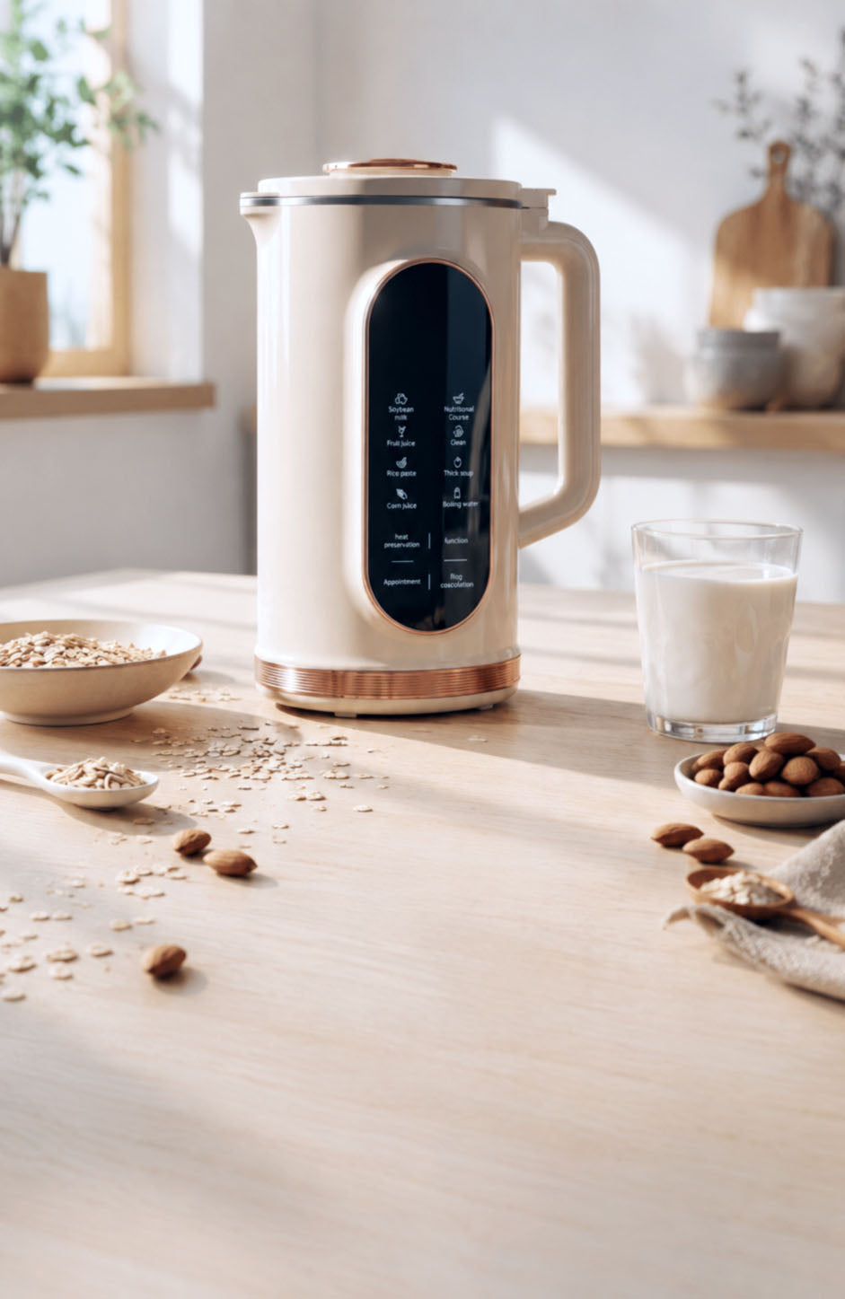 photo verticale de la Machine à laits végétaux DouceLait avec un verre de boisson végétale, des flocons d’avoine et des amandes dans une cuisine chaleureuse.