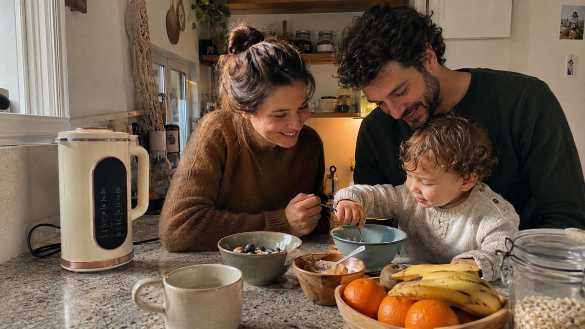 famille qui prend un petit déjeuner au lait végétal